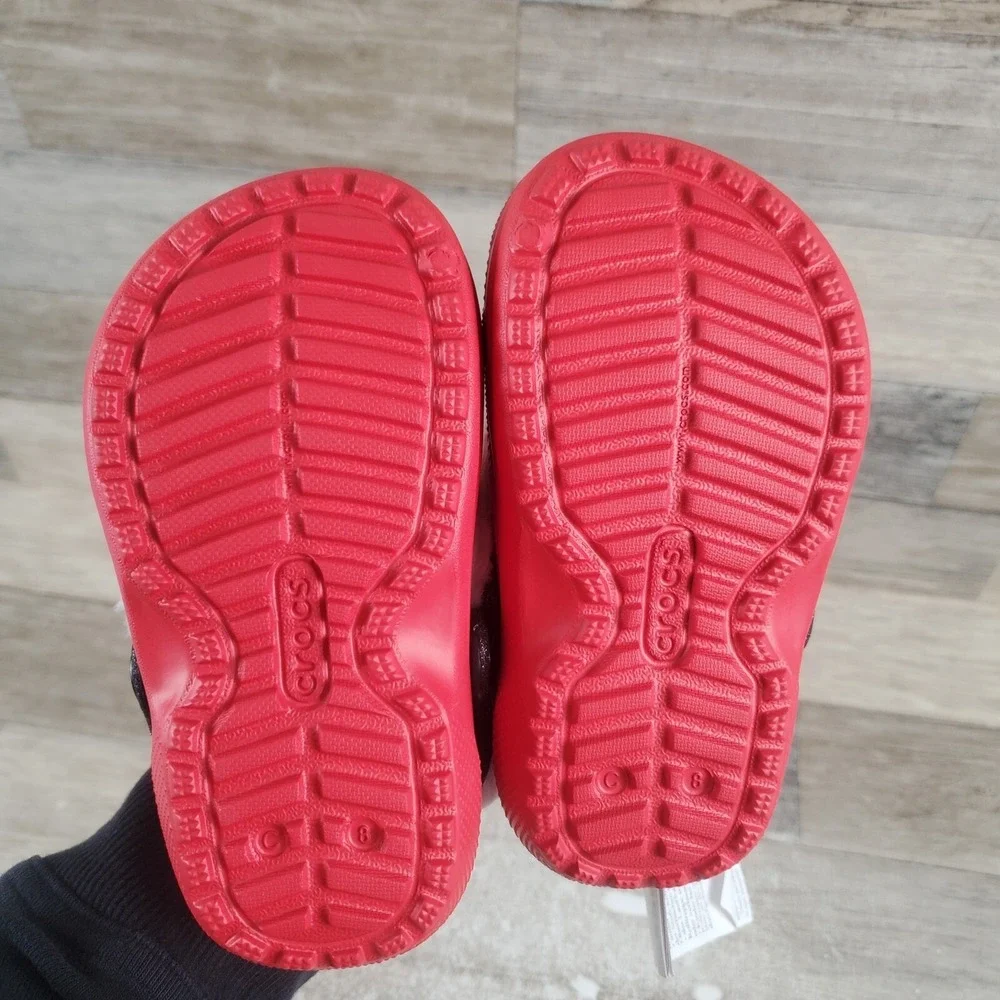 Crocs Classic Lined Santa Kids Clogs Sz 8 C8 Red Rubber Slip-On Slingback‎ Shoes
